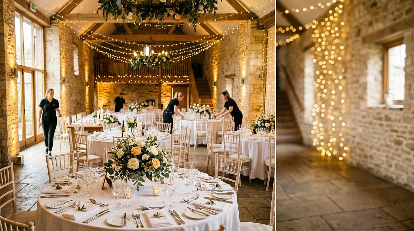 A decorated indoor event space with tables, floral arrangements, and soft lighting prepared for an occasion.
